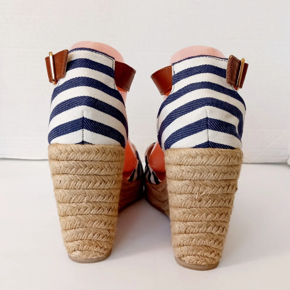 Pierre Dumas navy/white striped   wedge espadrille sandals size 10